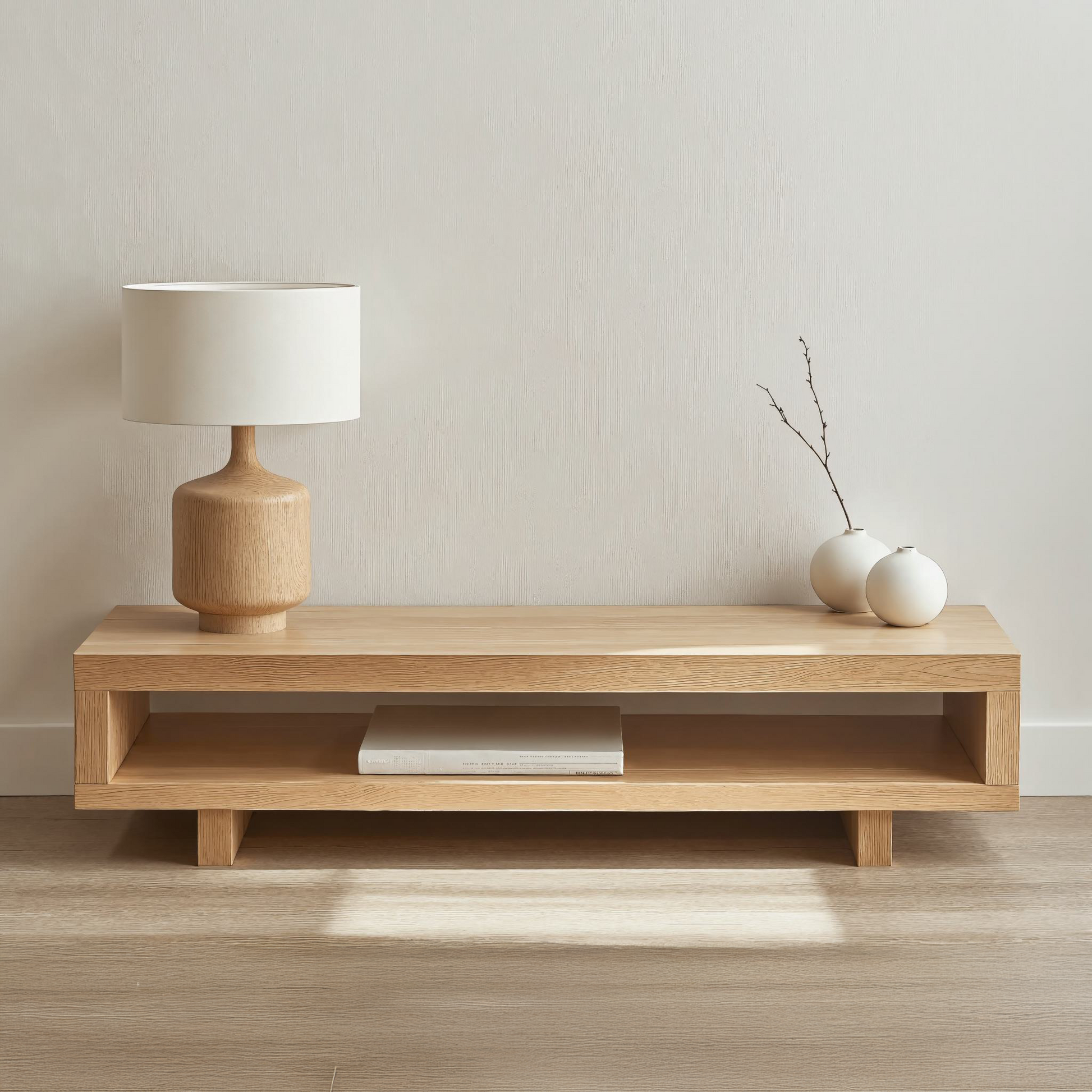 Minimalist solid wood TV stand with adjustable compartments, showcasing artisanal craftsmanship