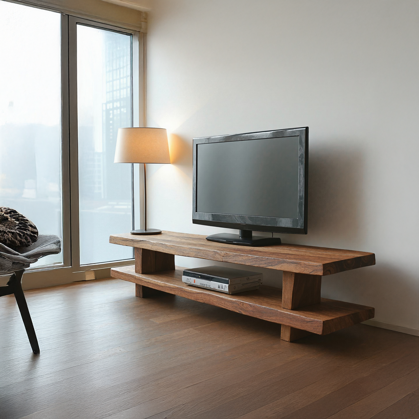 Contemporary farmhouse TV cabinet in light wood, with sliding barn doors and mixed storage compartments, blending rustic charm with modern design-1