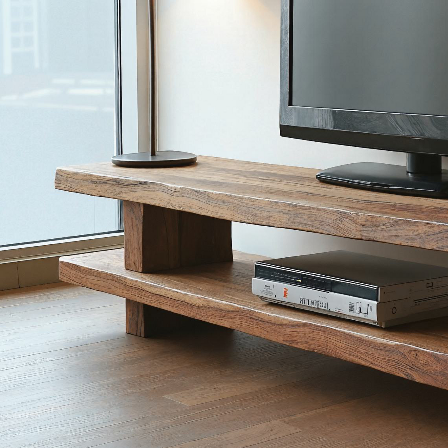 Contemporary farmhouse TV cabinet in light wood, with sliding barn doors and mixed storage compartments, blending rustic charm with modern design-2