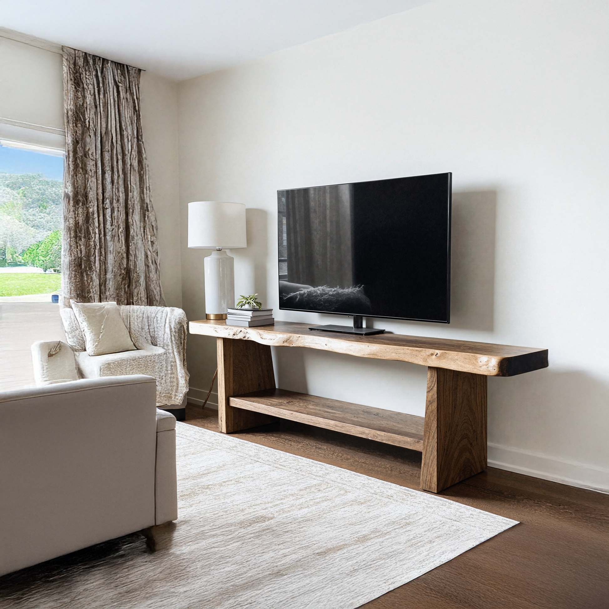 Modern minimalist wooden TV stand with clean lines and open shelf design, crafted as a customizable media console-1