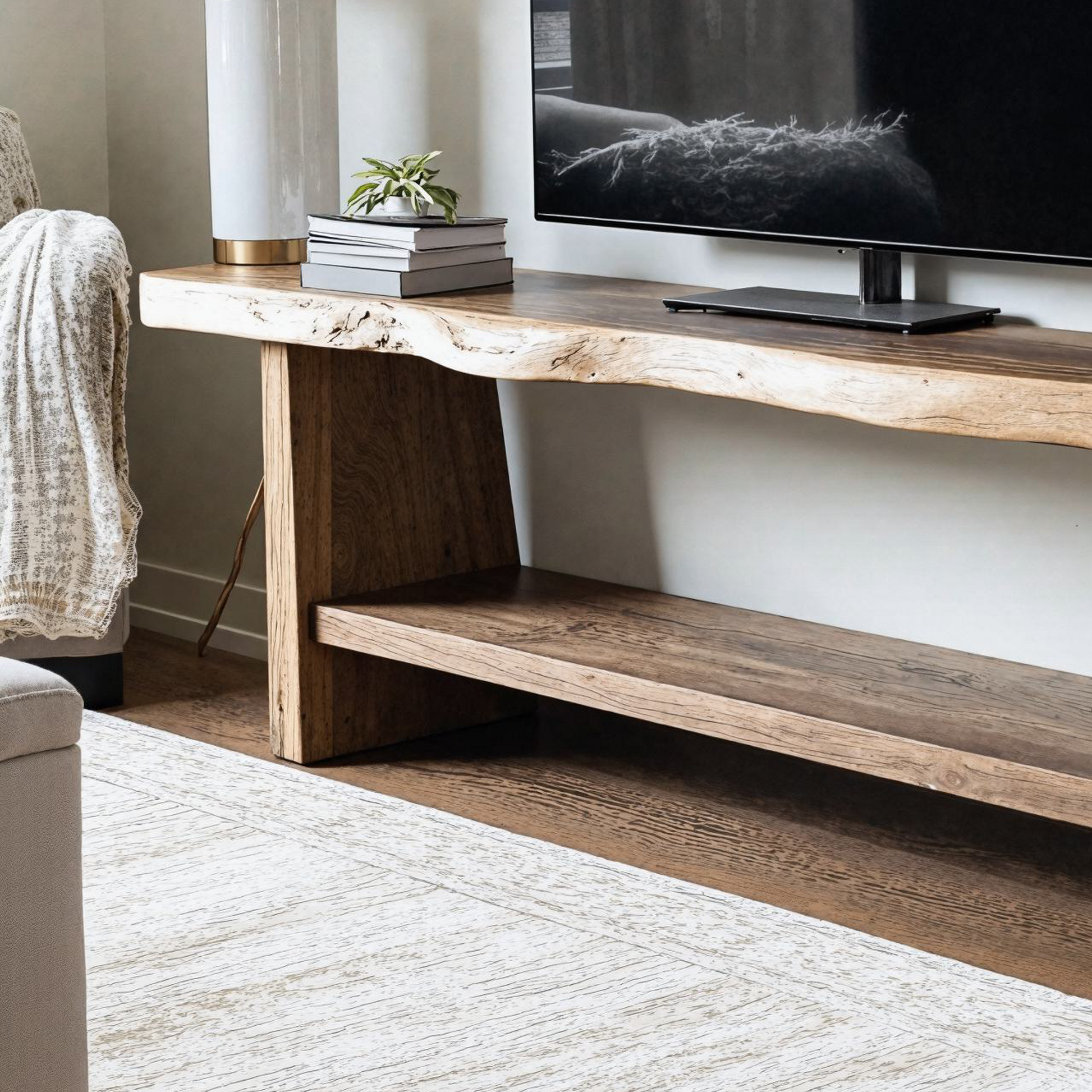 Modern minimalist wooden TV stand with clean lines and open shelf design, crafted as a customizable media console-2