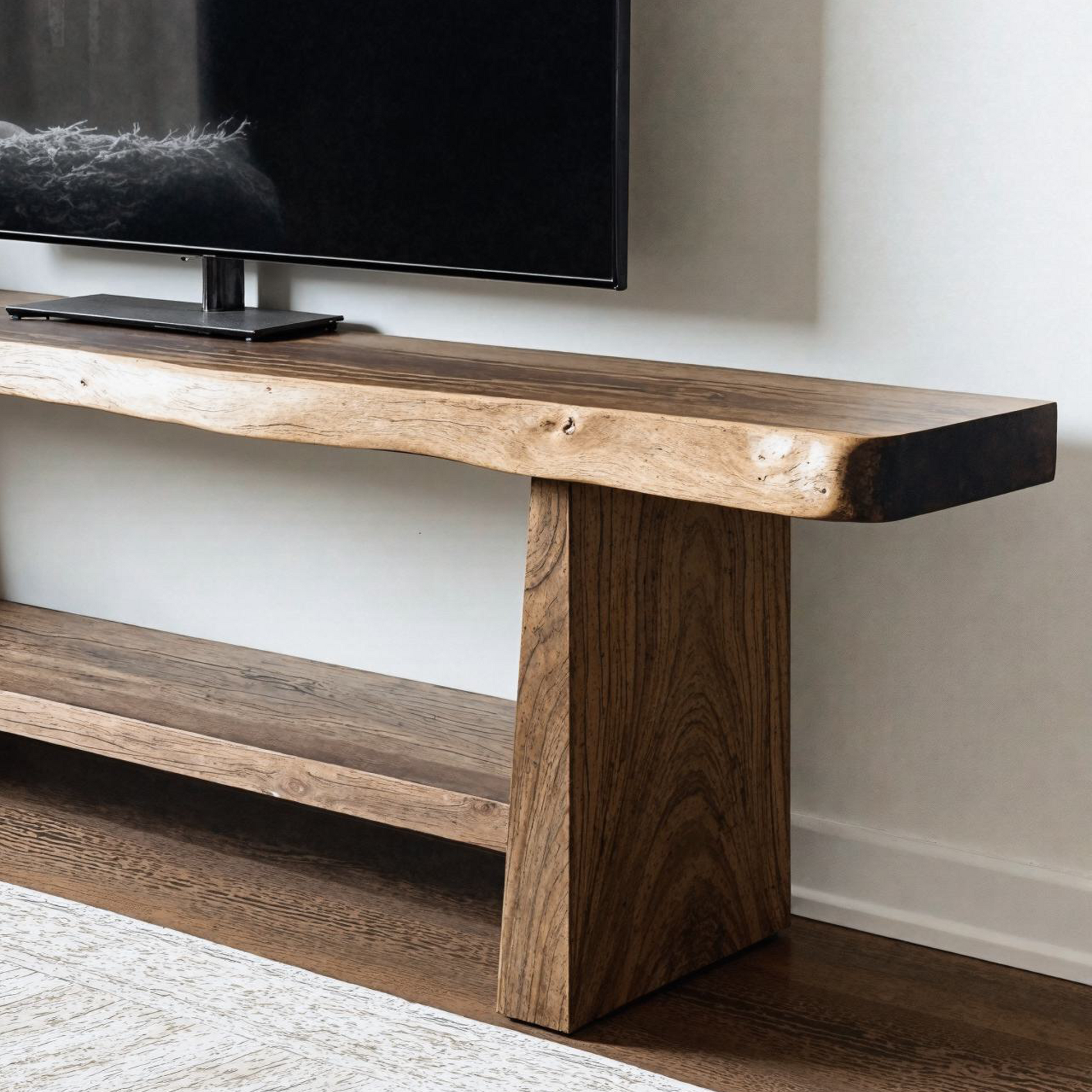 Modern minimalist wooden TV stand with clean lines and open shelf design, crafted as a customizable media console-3