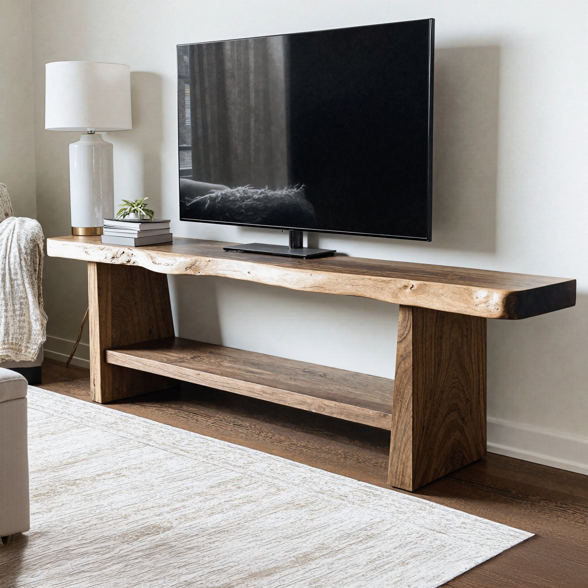 Modern minimalist wooden TV stand with clean lines and open shelf design, crafted as a customizable media console
