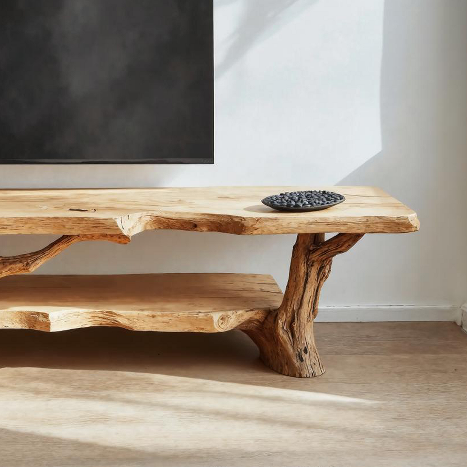 Rustic wooden TV cabinet stand featuring natural grain and open shelving, ideal for both living room and entryway display-3