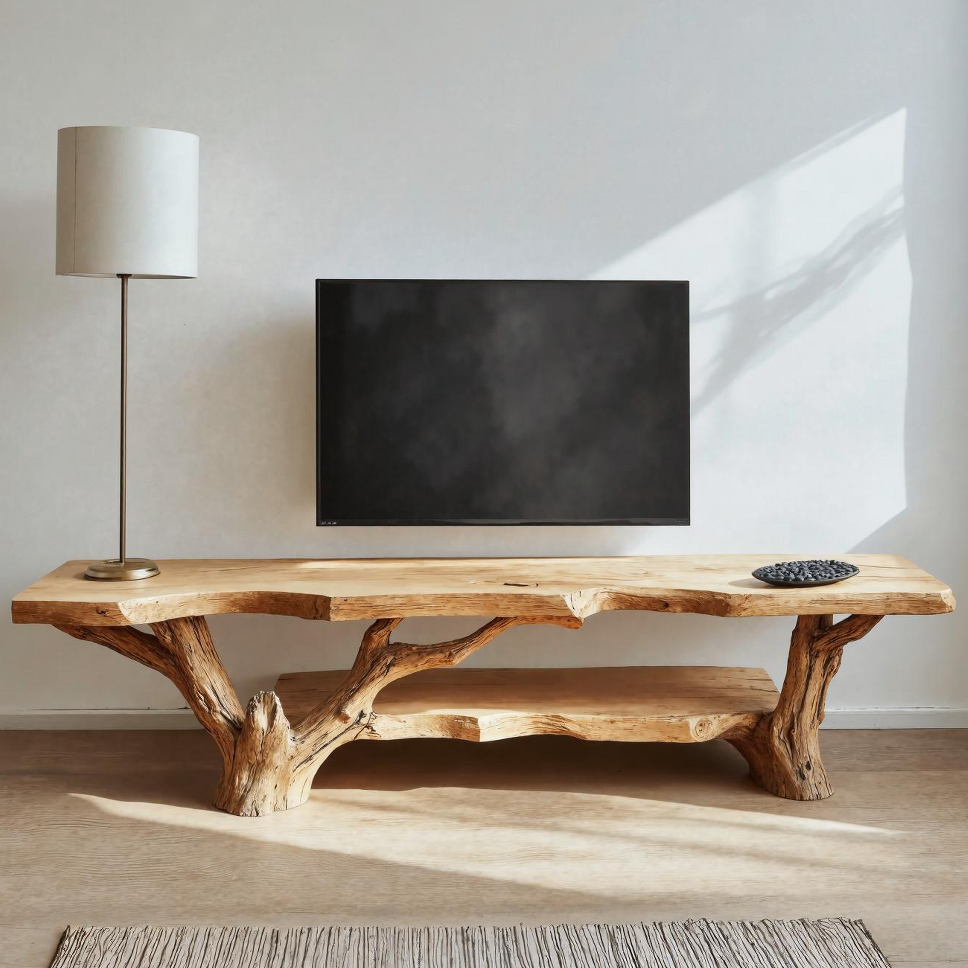 Rustic wooden TV cabinet stand featuring natural grain and open shelving, ideal for both living room and entryway display