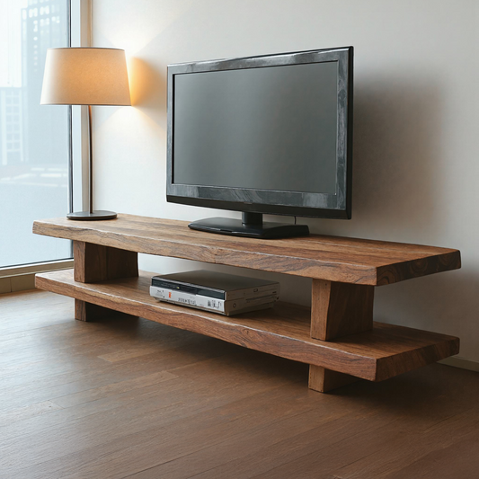 Contemporary farmhouse TV cabinet in light wood, with sliding barn doors and mixed storage compartments, blending rustic charm with modern design
